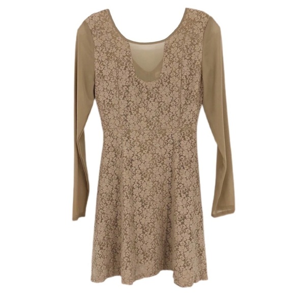 Altar’d State Women Dress Tan Size XS Lace Mesh Floral Long Sleeve Fit & Flare - Picture 1 of 12
